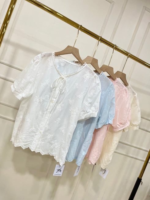 Summer Embroidered Details Puff Sleeves Button Down Tops
